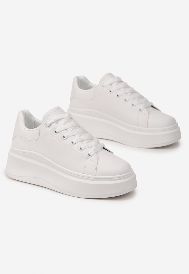 Białe Gładkie Sneakersy z Ekoskóry na Grubej Podeszwie ze Sznurowaniem Avara