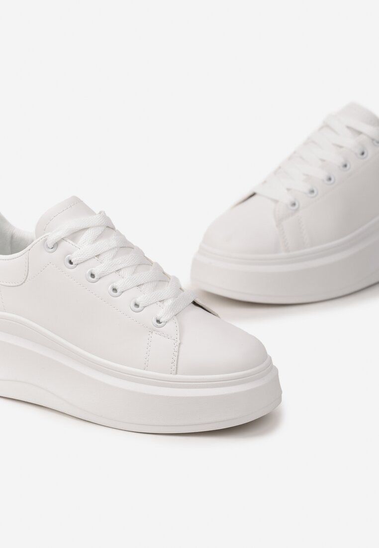 Białe Gładkie Sneakersy z Ekoskóry na Grubej Podeszwie ze Sznurowaniem Avara