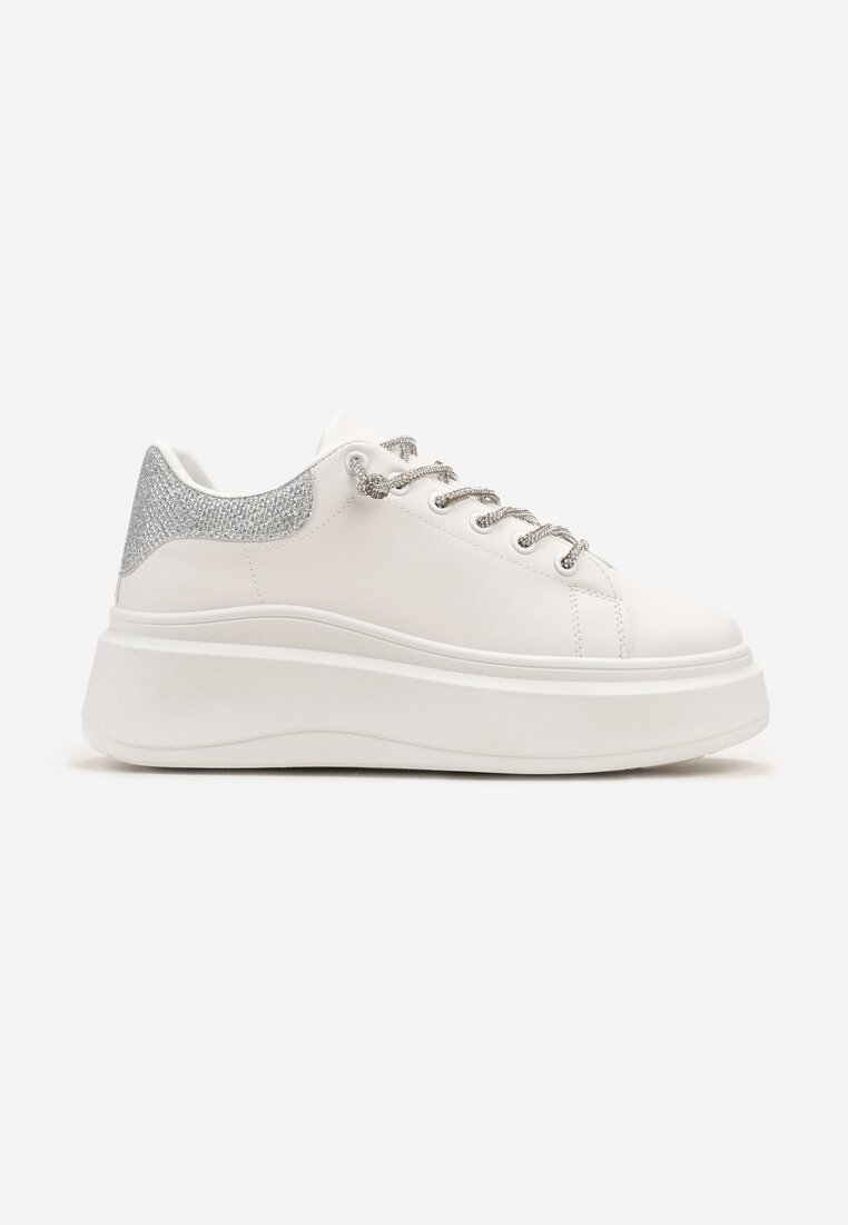 Biało-Srebrne Sneakersy z Brokatem i Biżuteryjnymi Sznurowadłami Nilirea