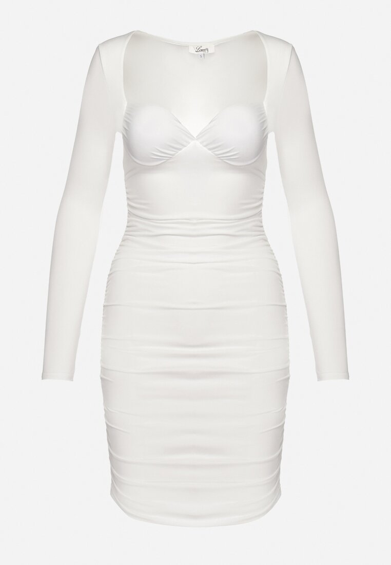 Biała Dopasowana Sukienka Ozdobiona Marszczeniami z Głębokim Dekoltem Daphen