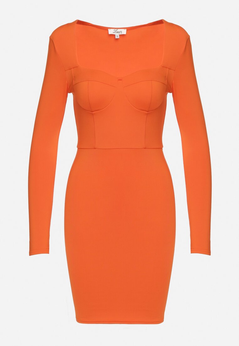 Pomarańczowa Dopasowana Sukienka Mini z Kwadratowym Dekoltem Iceria