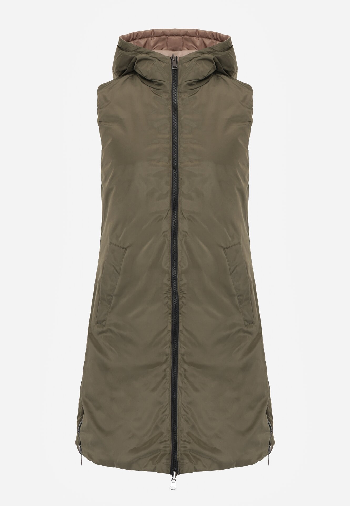 Beżowa  Pikowana Kamizelka Dwustronna z Kapturem i Sznurkami Leorani