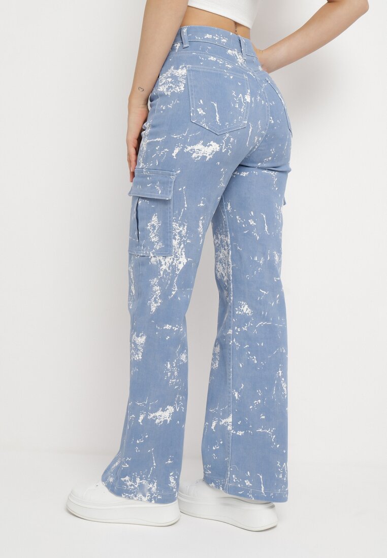 Niebieskie Jeansy z Szerokimi Nogawkami z Bielonym Wzorem i Wysokim Stanem Junikova