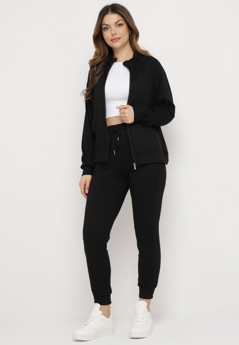 Czarny Bawełniany Komplet Dresowy Rozpinana Bluza z Golfem i Elastyczne Spodnie Kanaspa