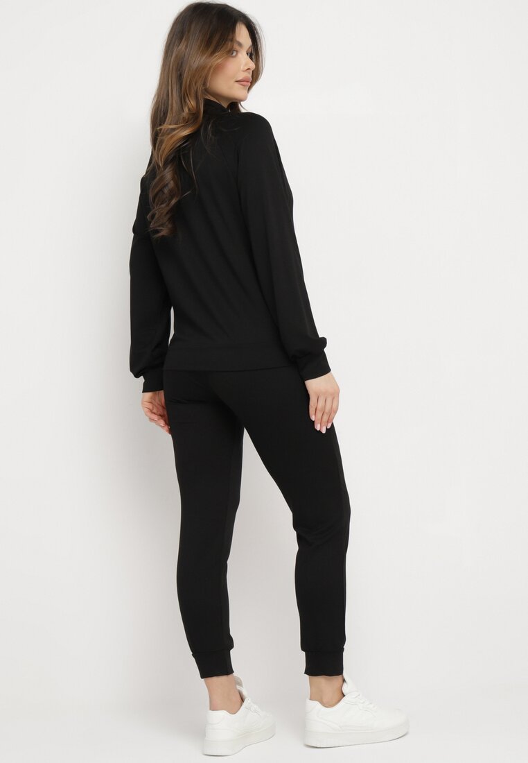Czarny Bawełniany Komplet Dresowy Rozpinana Bluza z Golfem i Elastyczne Spodnie Kanaspa