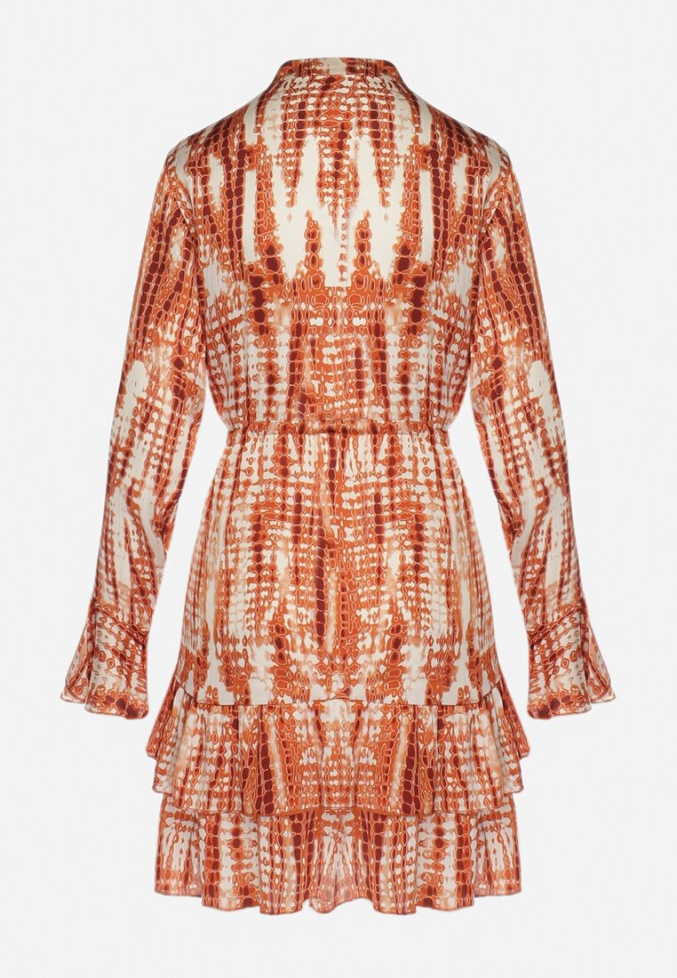 Pomarańczowa Sukienka Mini Ozdobiona Falbankami i Akwarelowym Wzorem Panava