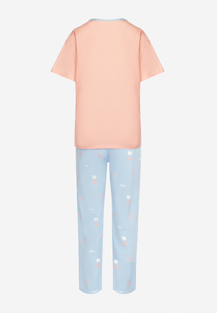 Różowy Komplet Piżamowy Koszulka z Nadrukiem i Proste Długie Spodnie Lirrana