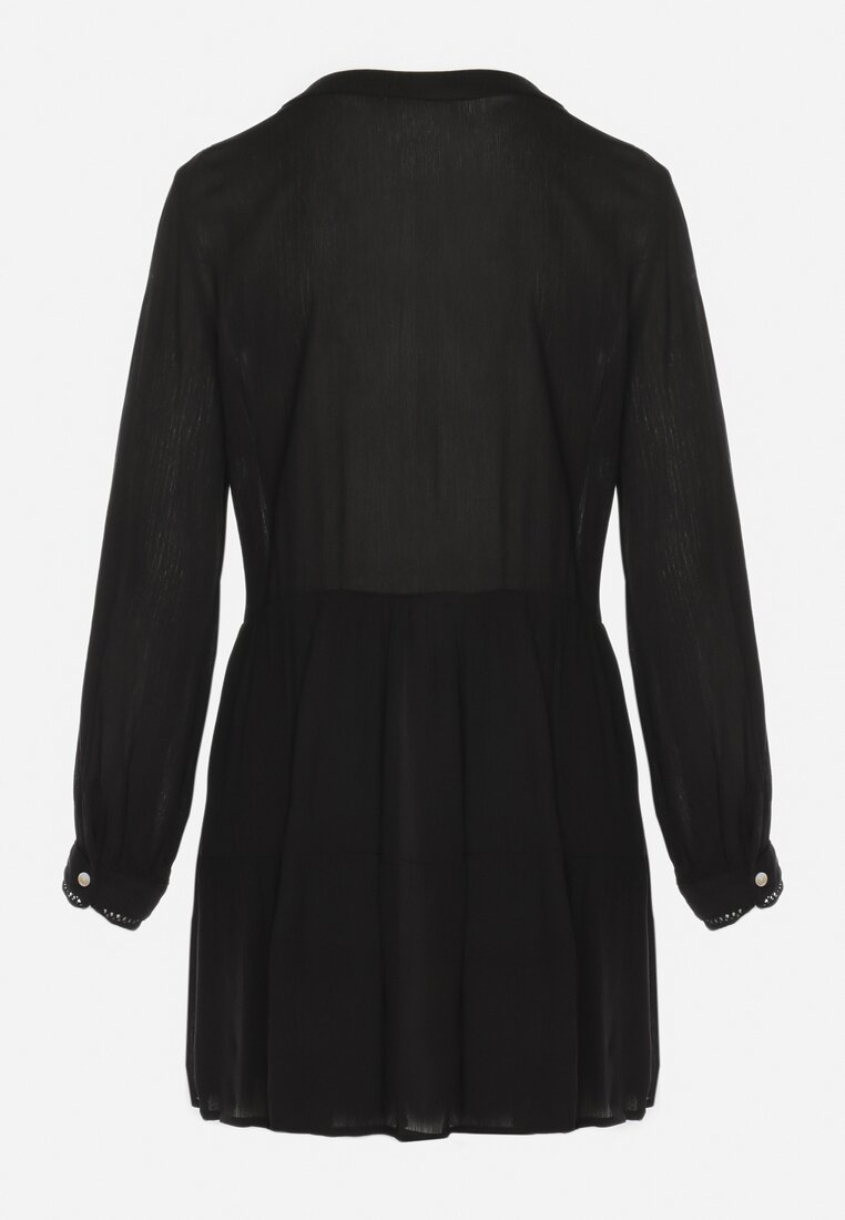 Czarna Koszulowa Sukienka w Stylu Boho z Rozkloszowanym Dołem Liorda