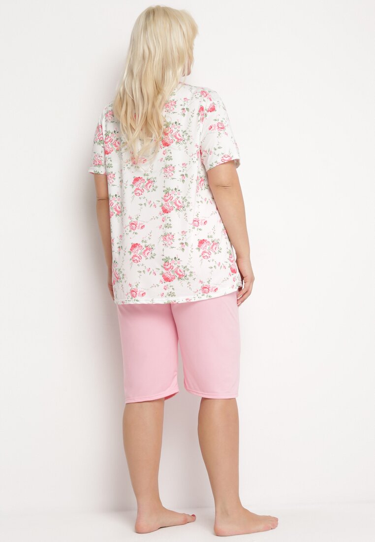Różowo-Biały Komplet Piżamowy w Kwiaty Koszulka z Krótkim Rękawem i Spodnie Lużne 3/4 Lareni