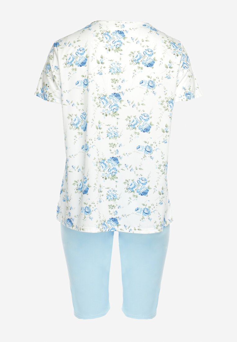 Niebiesko-Biały Komplet Piżamowy w Kwiaty Koszulka z Krótkim Rękawem i Spodnie Lużne 3/4 Lareni