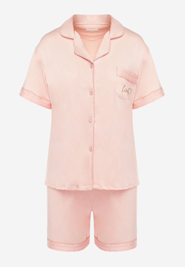 Różowy Satynowy Komplet Piżamowy Krótka Koszula i Szorty Selitte