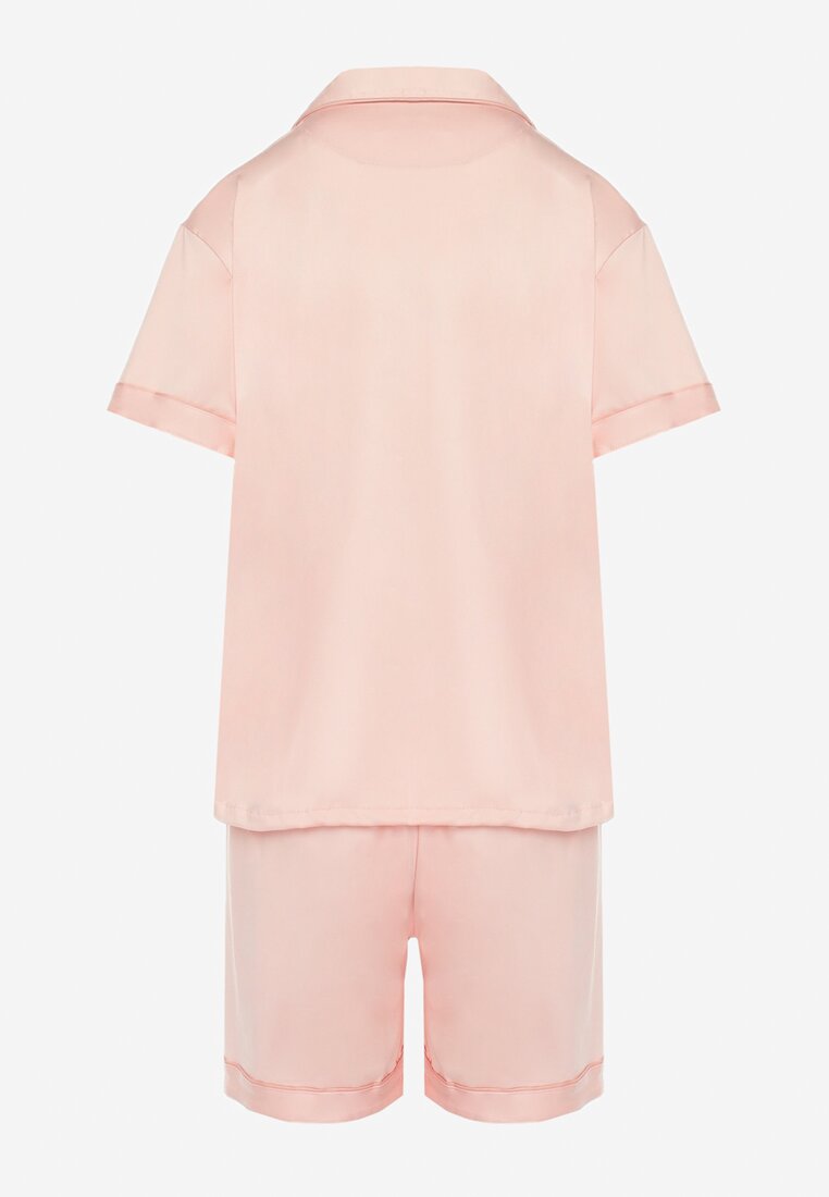 Różowy Satynowy Komplet Piżamowy Krótka Koszula i Szorty Selitte