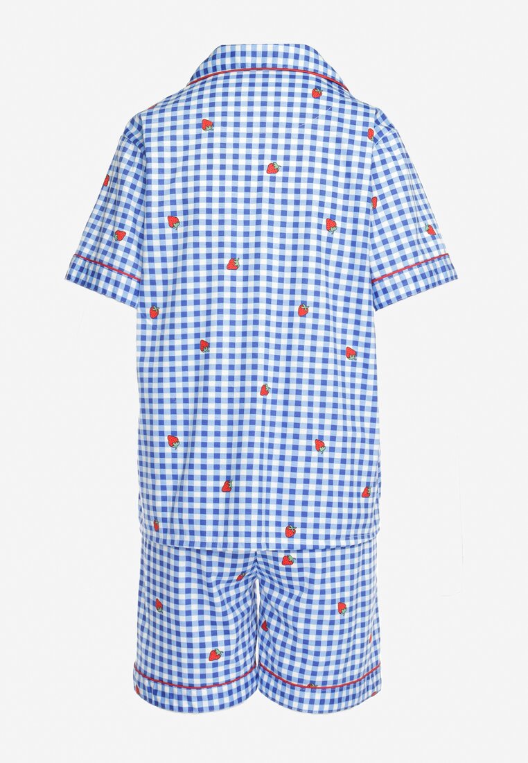 Niebiesko-Biały Komplet Piżamowy w Kratkę Koszula i Luźne Szorty Elitra
