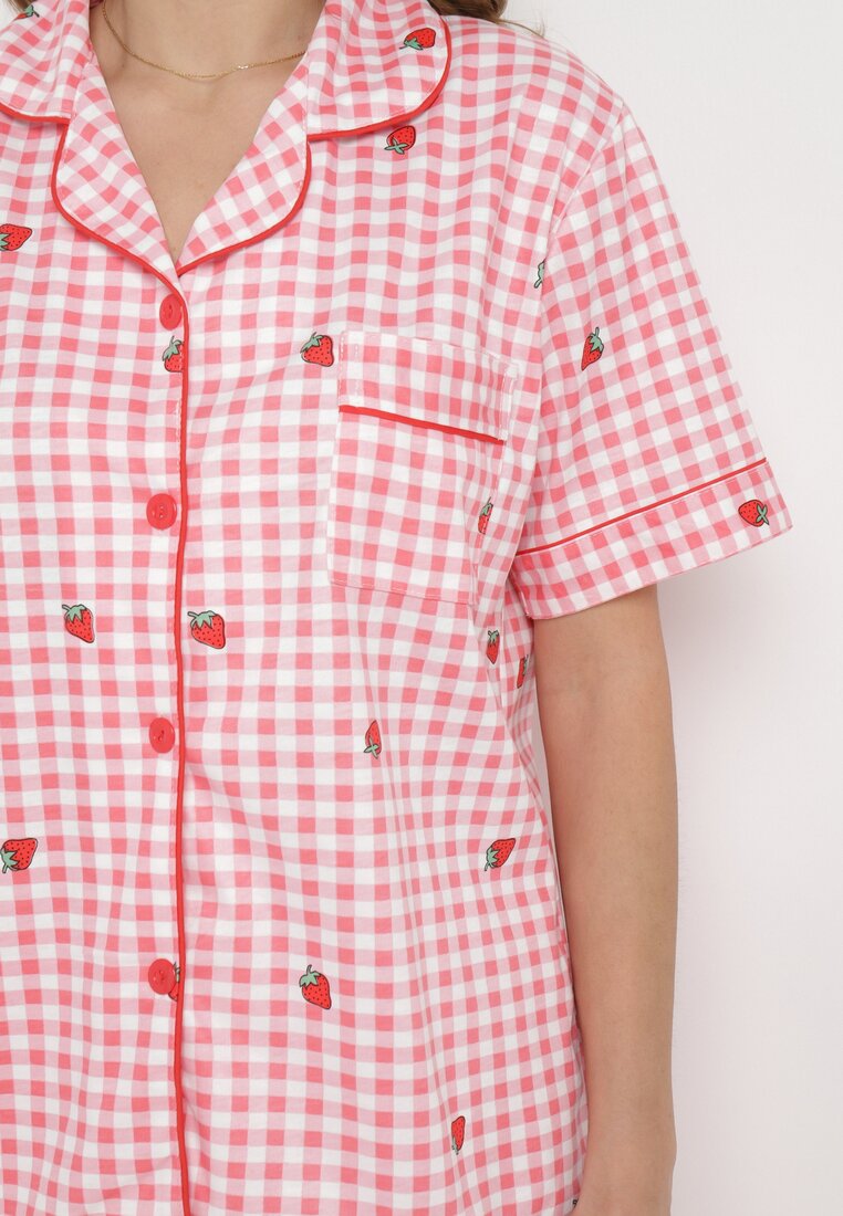Różowo-Biały Komplet Piżamowy w Kratkę Koszula i Luźne Szorty Elitra