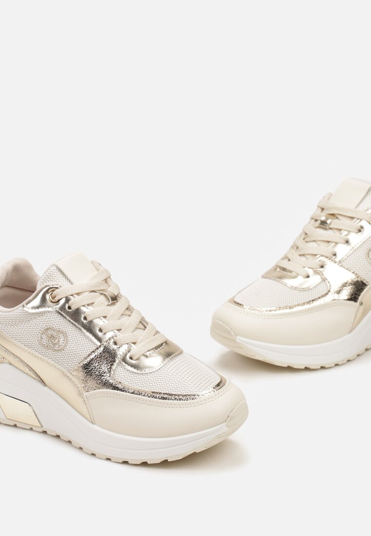 Beżowe Sneakersy na Grubej Podeszwie ze Sznurowaniem i Błyszczącymi Wstawkami Airelim