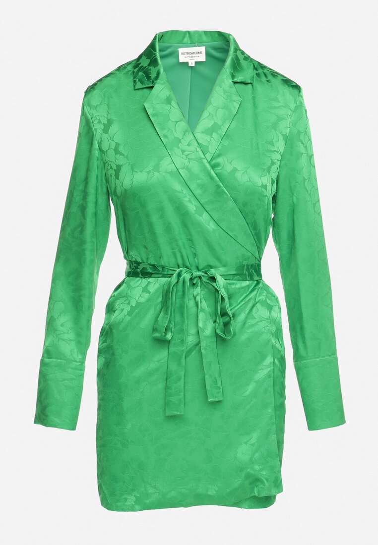 Zielona Krótka Sukienka Kopertowa z Materiałowym Paskiem Urvila