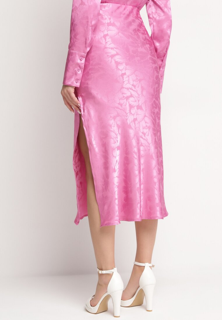Różowa Elegancka Spódnica Midi z Gumką w Pasie Falire