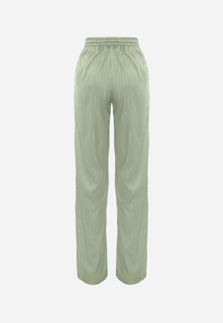 Zielone Szerokie Spodnie z Metalicznym Wzorem w Cienkie Paski Kleriame