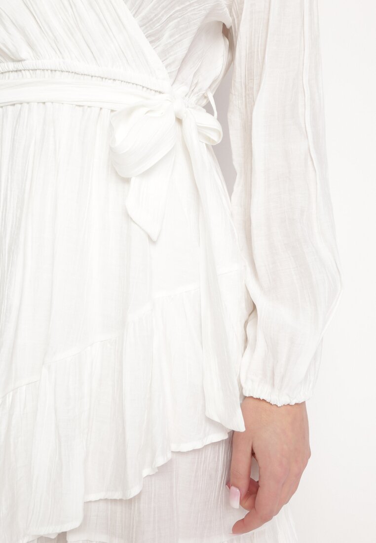 Biała Sukienka Midi z Kopertowym Dekoltem i Materiałowym Paskiem Jomera