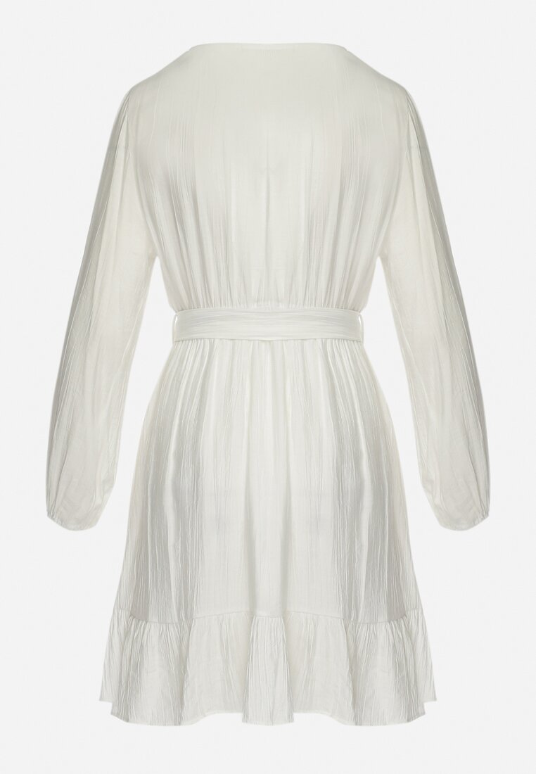 Biała Sukienka Midi z Kopertowym Dekoltem i Materiałowym Paskiem Jomera