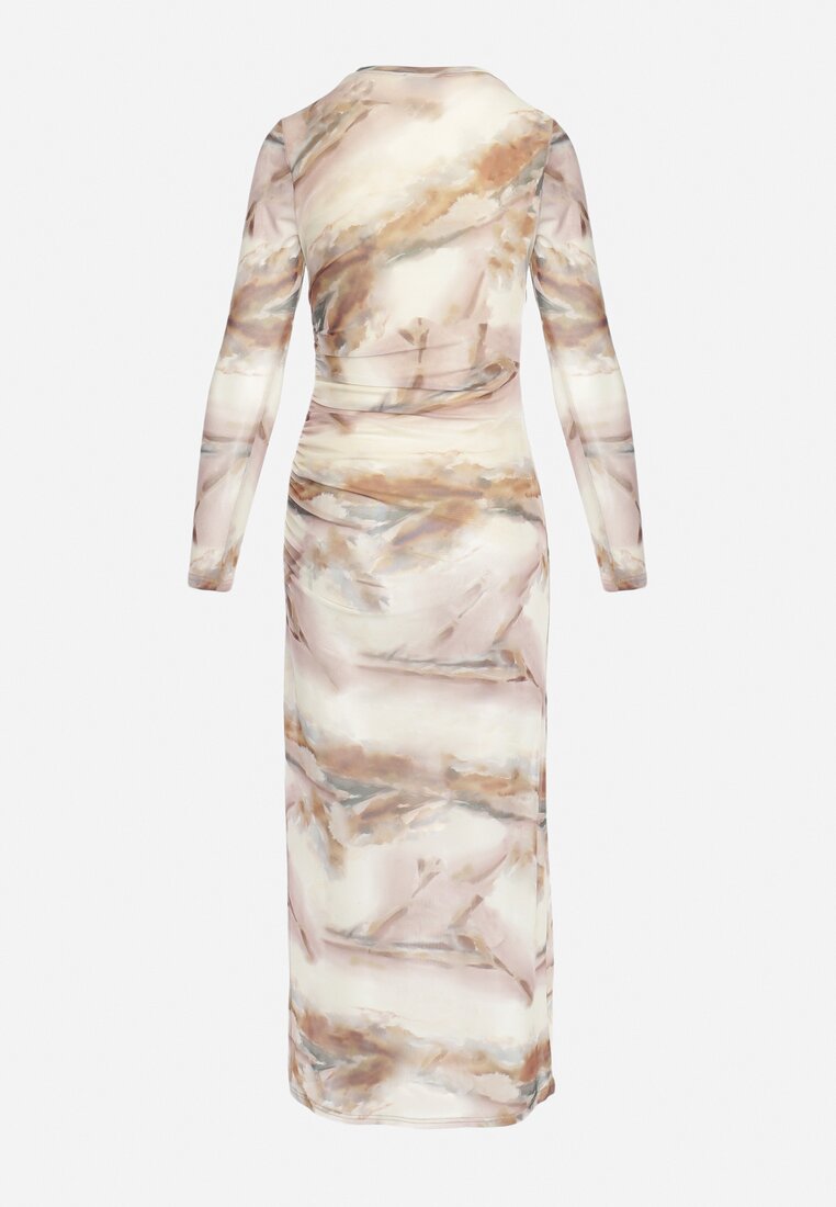 Beżowa Taliowana Sukienka Maxi z Elastycznej Siateczki z Marmurowym Wzorem Karinda