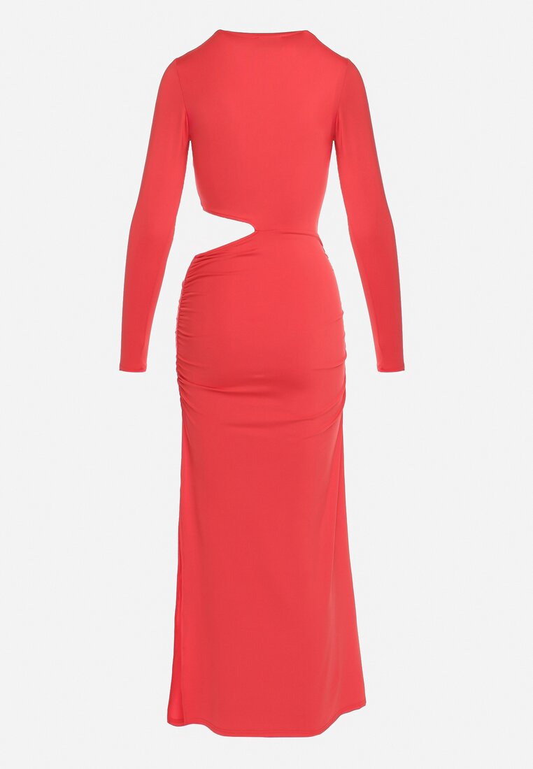 Czerwona Sukienka Maxi o Dopasowanym Fasonie z Wycięciem w Talii Celinda
