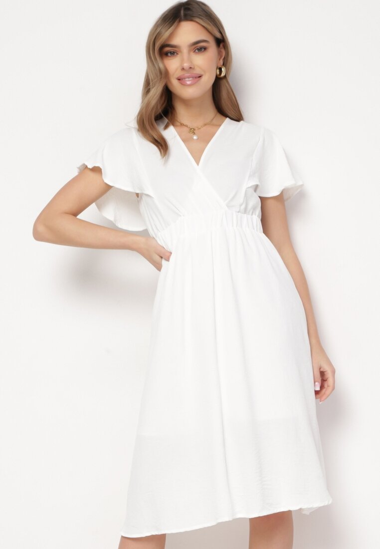 Biała Sukienka Rozkloszowana Midi z Kopertowym Dekoltem Mirenal