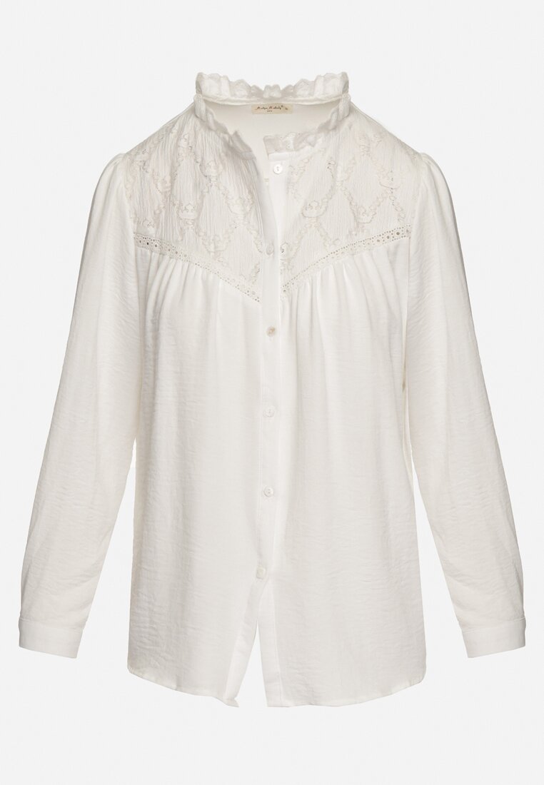 Biała Koszula z Guzikami i Ażurowym Wzorem na Dekolcie Serupa