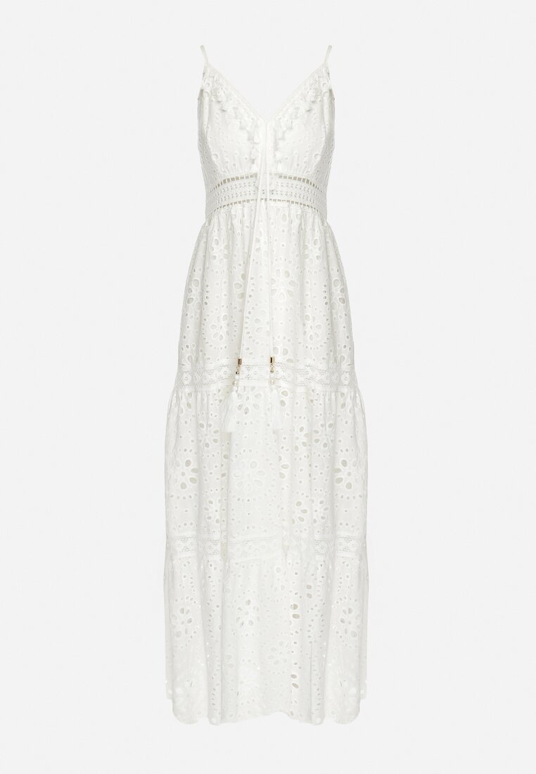 Biała Bawełniana Sukienka Maxi z Ażurowym Wzorem i Trójkątnym Dekoltem Partemia