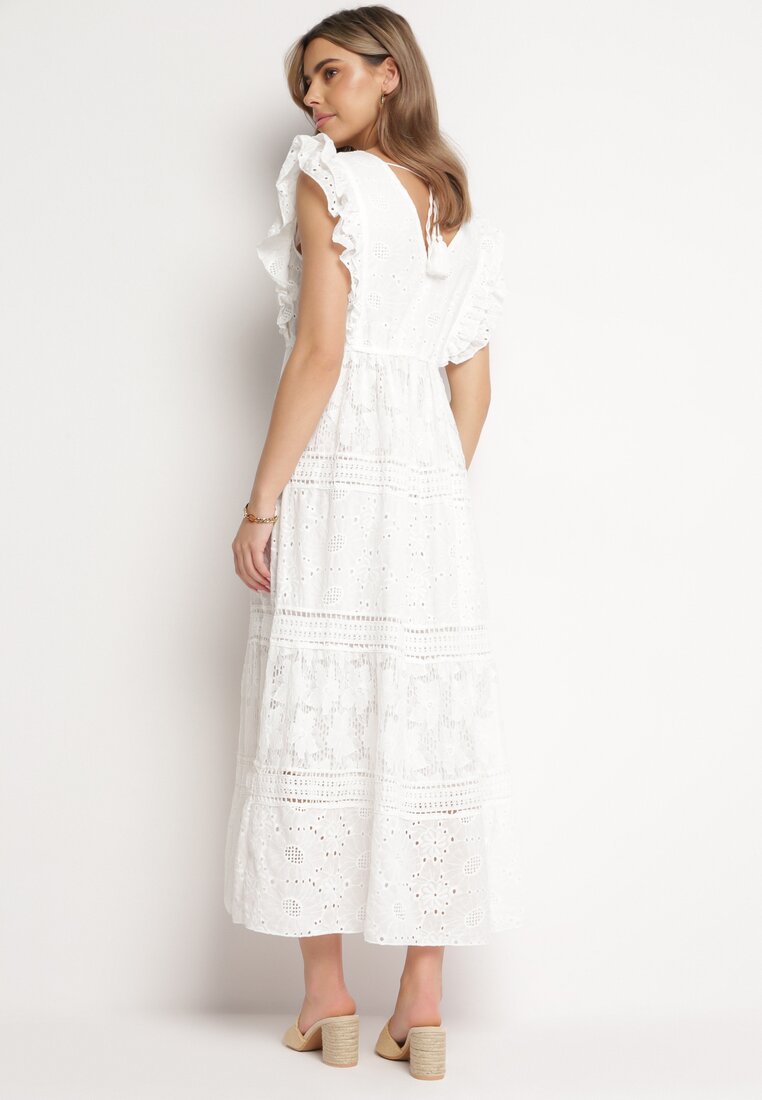 Biała Koronkowa Sukienka Maxi o Rozkloszowanym Fasonie z Falbankami Wilea