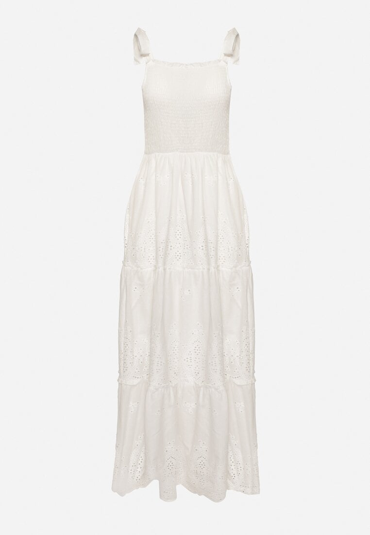 Biała Bawełniana Sukienka Maxi z Ażurowego Materiału z Wiązanymi Ramiączkami Lariven