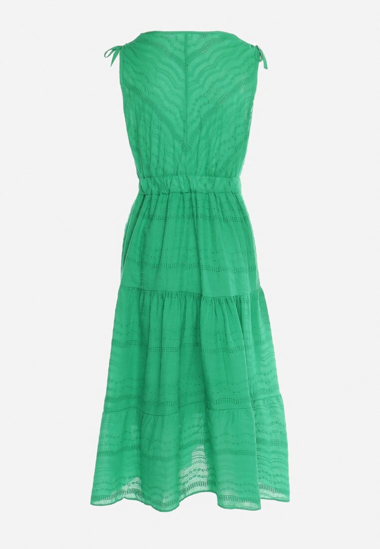 Zielona Bawełniana Sukienka Midi Rozkloszowana z Troczkiem i Ozdobnymi Haftami Kirriela
