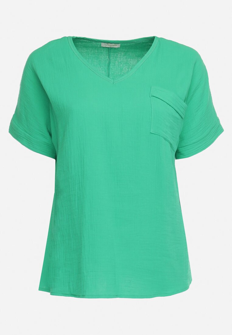 Zielona Bawełniana Bluzka z Kieszonką na Boku Quilea