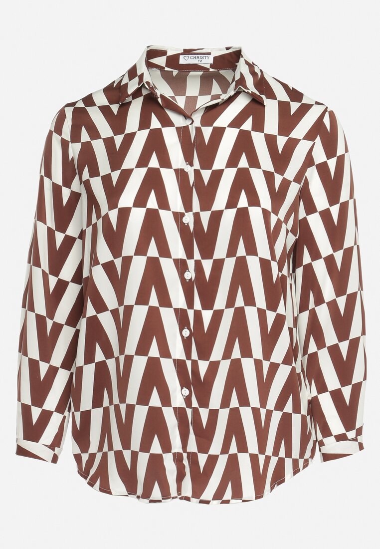 Brązowo-Beżowa Koszula w Geometryczny Wzór o Luźnym Kroju Tarnie