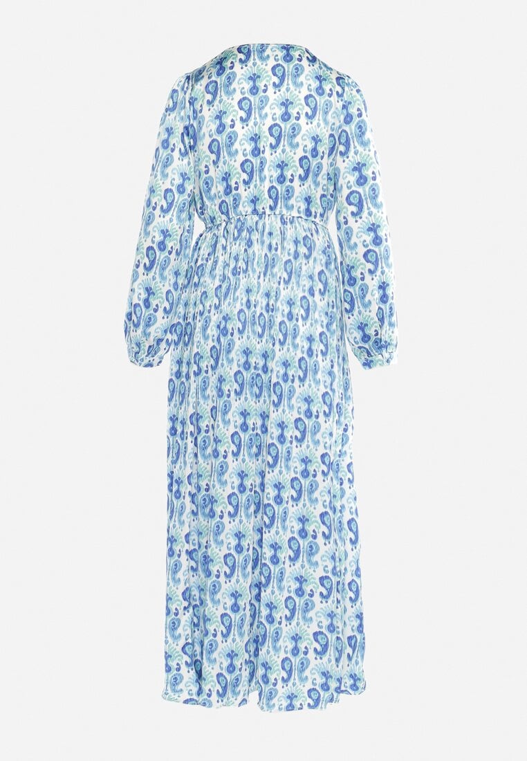 Niebiesko-Biała Satynowa Sukienka Maxi Ozdobiona Wzorem Paisley z Gumką w Pasie Wirlena