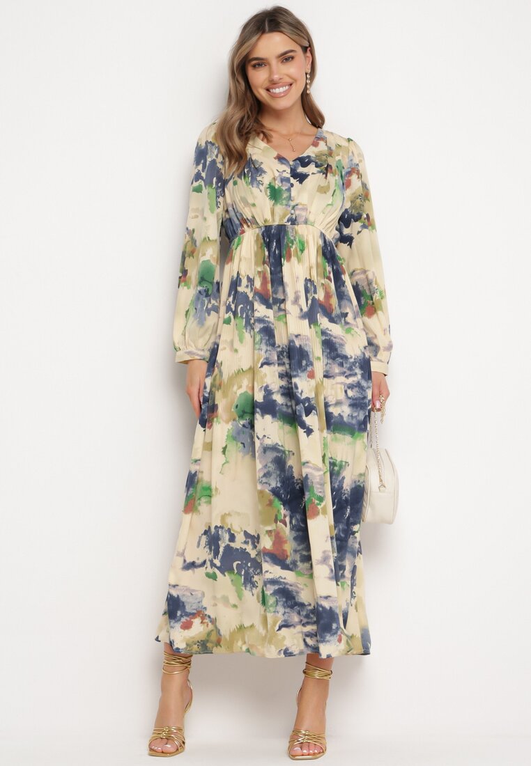Beżowo-Zielona Maxi Rozkloszowana z Guzikami w Abstrakcyjny Print Falitta