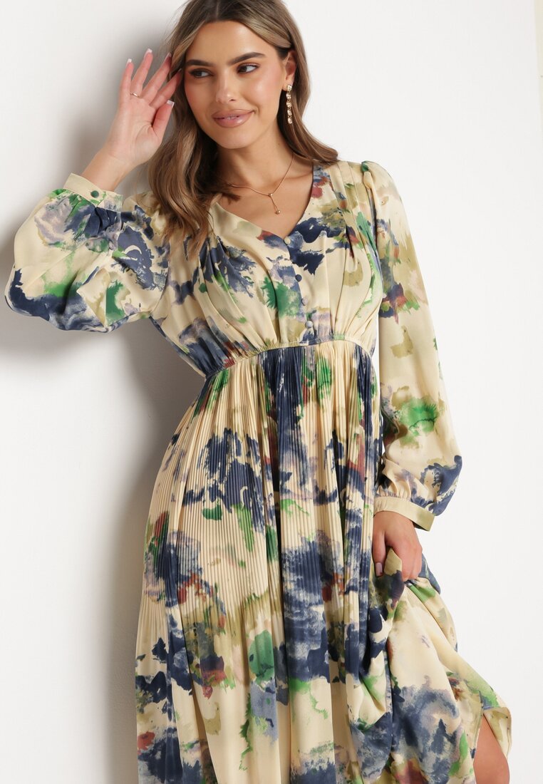 Beżowo-Zielona Maxi Rozkloszowana z Guzikami w Abstrakcyjny Print Falitta