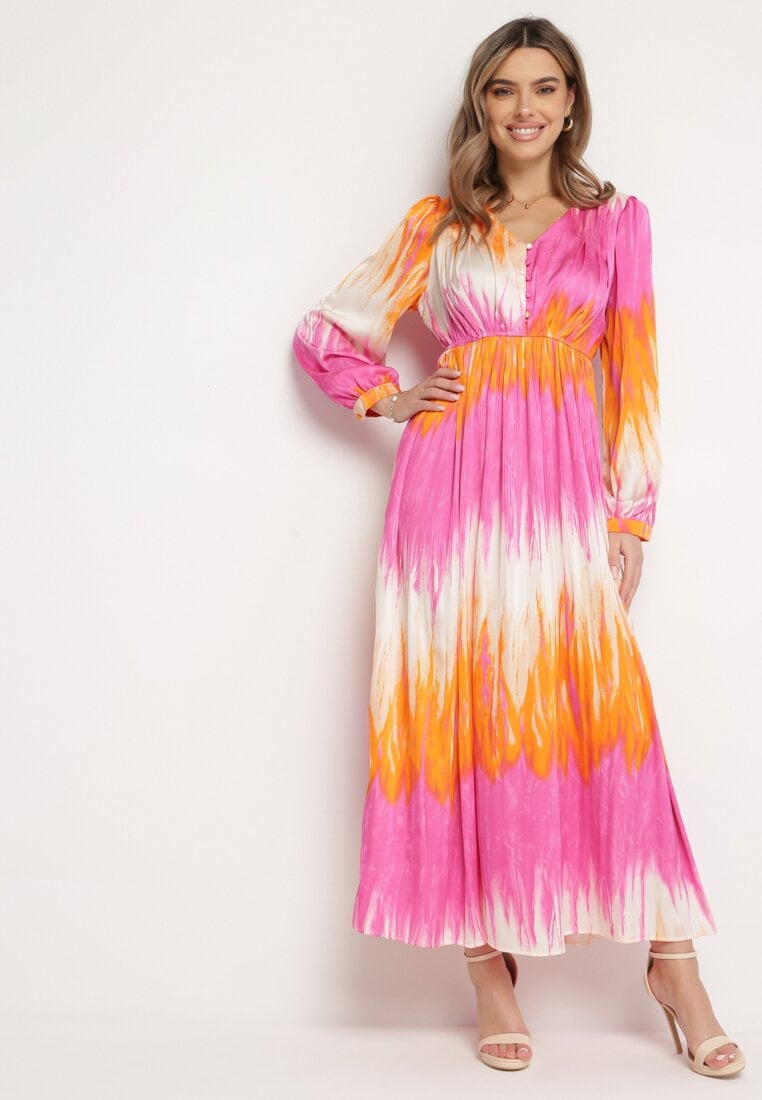 Różowo-Pomarańczowa Satynowa Sukienka Maxi o Rozkloszowanym Kroju z Guzikami Lisita