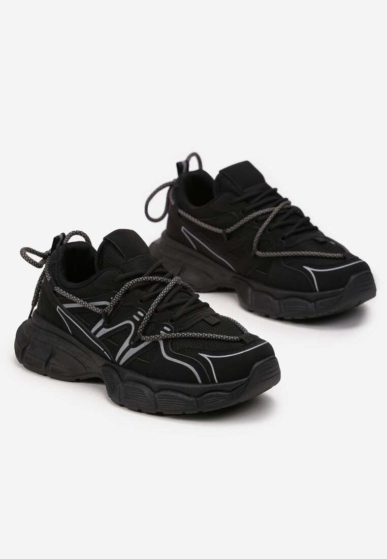 Czarne Sneakersy z Ekoskóry na Grubej Podeszwie z Podwójnym Sznurowaniem Cellira