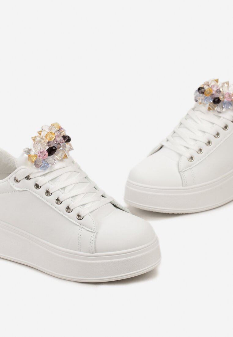Białe Sneakersy na Grubej Podeszwie z Kolorowymi Kryształkami Tumida