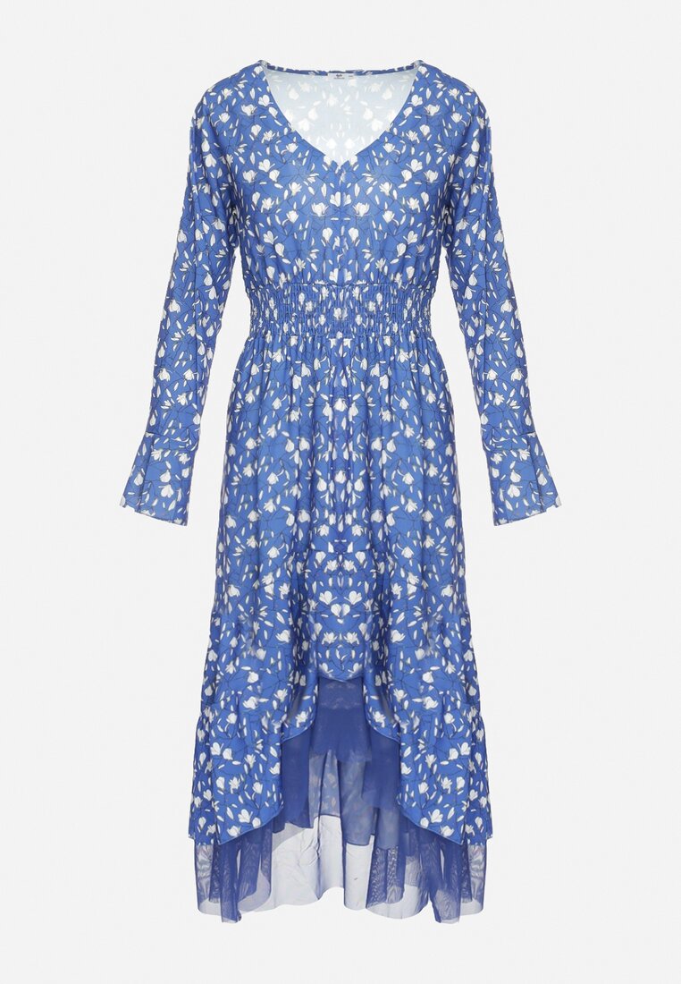 Niebieska Asymetryczna Sukienka Midi Rozkloszowana z Siateczką Tivora