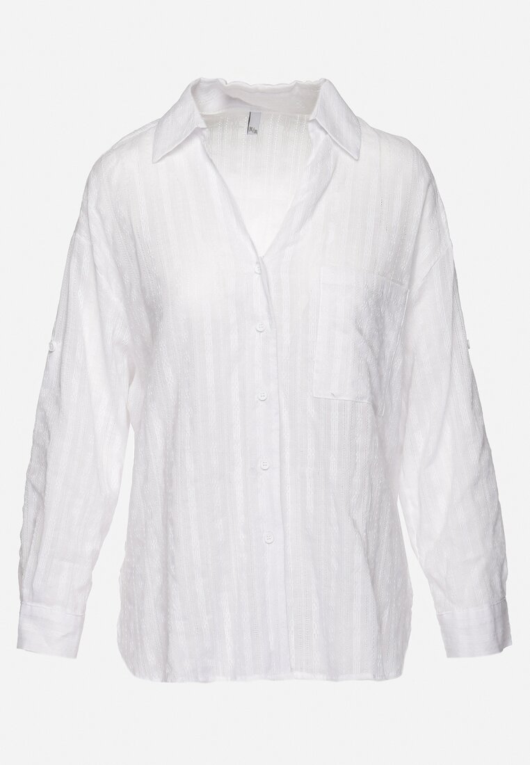 Biała Bawełniana Koszula w Paski z Haftem na Kieszonce Leriatia
