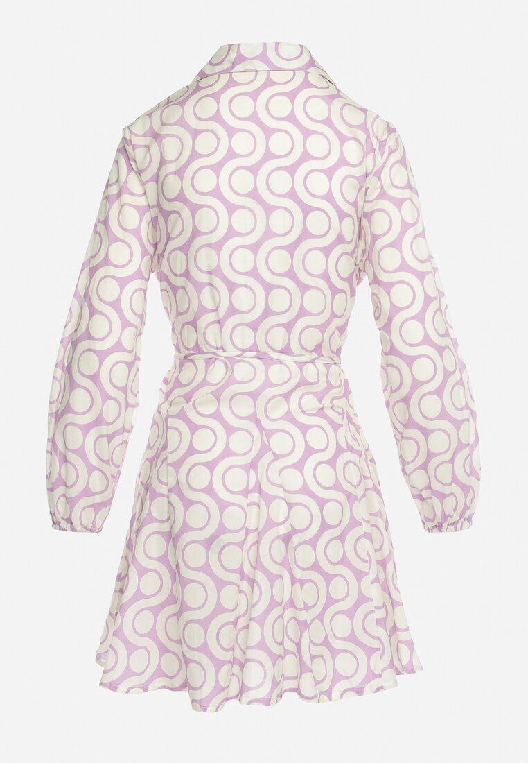 Fioletowo-Beżowa Bawełniana Sukienka Mini w Geometryczny Wzór Frenia