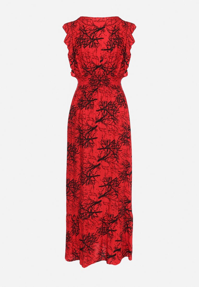 Czerwona Maxi Sukienka Rozkloszowana z Wiskozy z Kopertową Górą Wiracia
