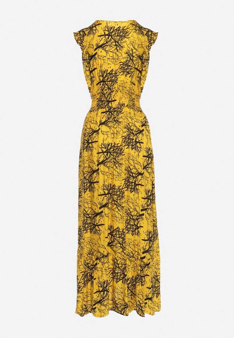 Żółta Maxi Sukienka Rozkloszowana z Wiskozy z Kopertową Górą Wiracia