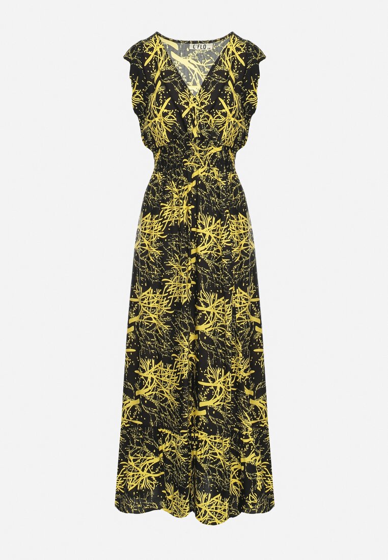 Czarno-Żółta Maxi Sukienka Rozkloszowana z Wiskozy z Kopertową Górą Wiracia
