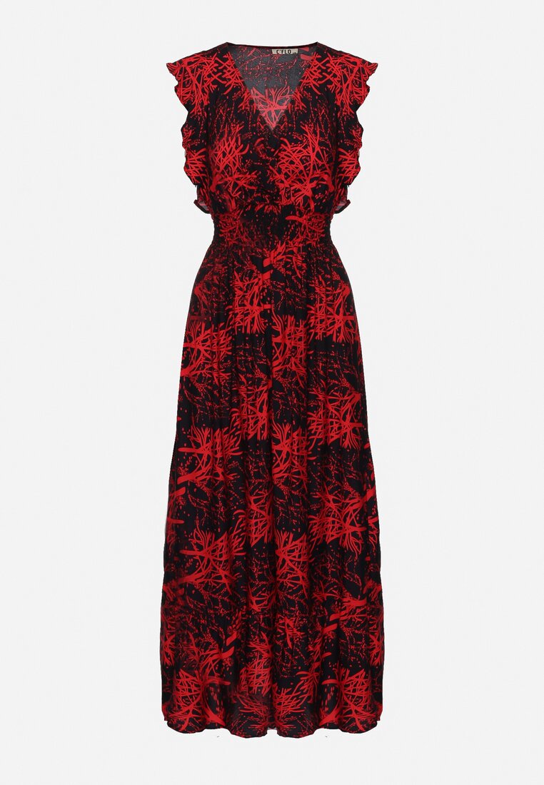 Czarno- Czerwona Maxi Sukienka Rozkloszowana z Wiskozy z Kopertową Górą Wiracia
