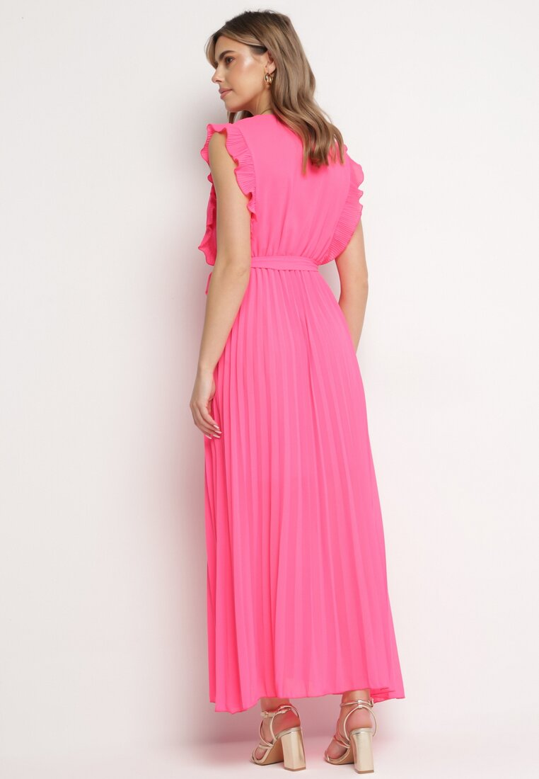 Różowa Plisowana Sukienka Maxi Wiskozowa z Kopertowym Dekoltem i Falbankami Glimes