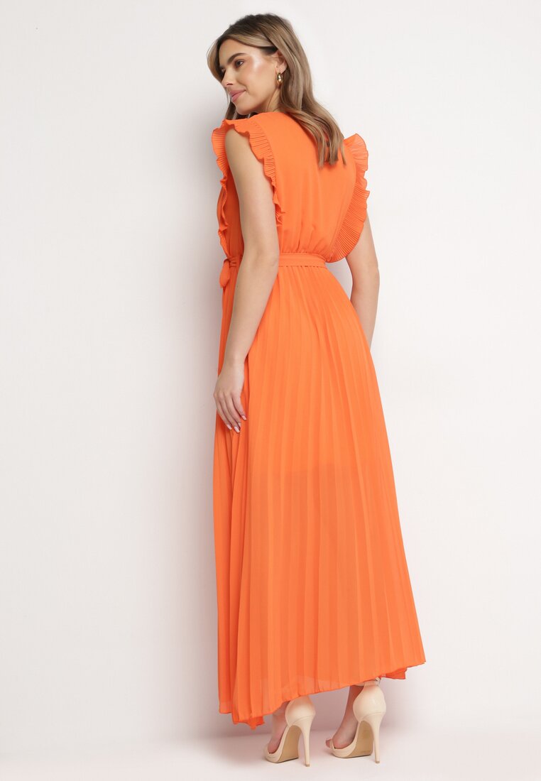 Pomarańczowa Plisowana Sukienka Maxi Wiskozowa z Kopertowym Dekoltem i Falbankami Glimes