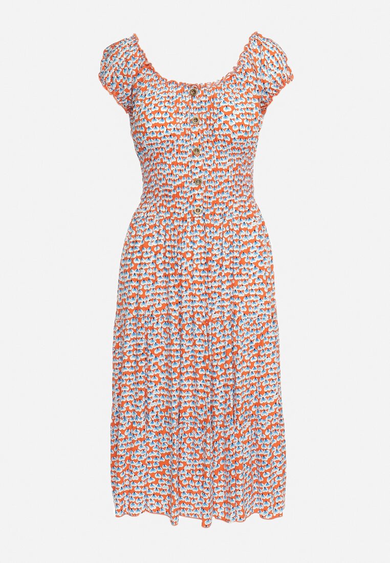 Pomarańczowo-Niebieska Wiskozowa Sukienka Midi Rozkloszowana z Metalowymi Guzikami Exodia